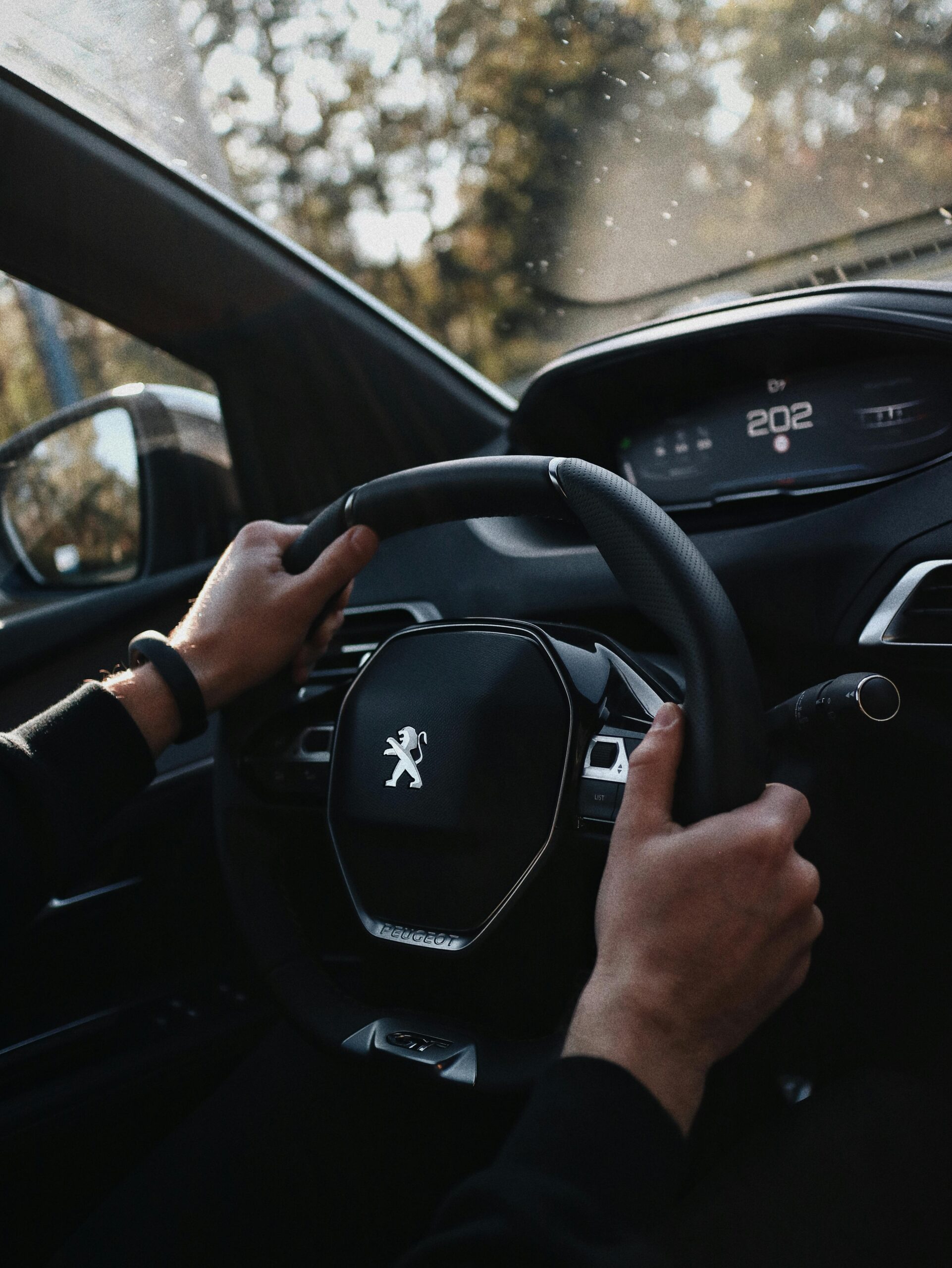 Pourquoi Nous A driver navigates a modern vehicle in a sunlit setting, showcasing the steering wheel and dashboard.